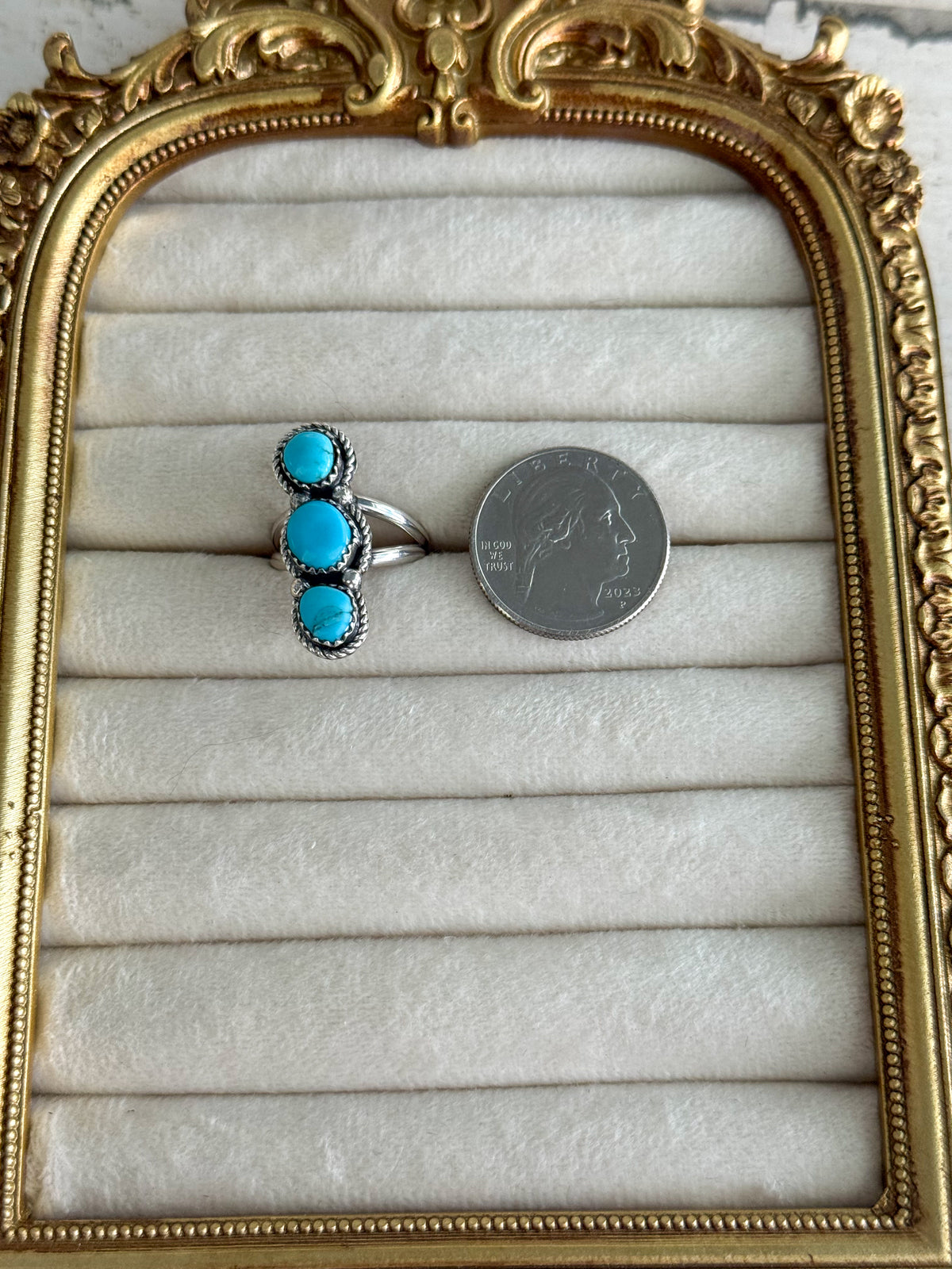 Native American 3 Turquoise Stone Ring 6.5