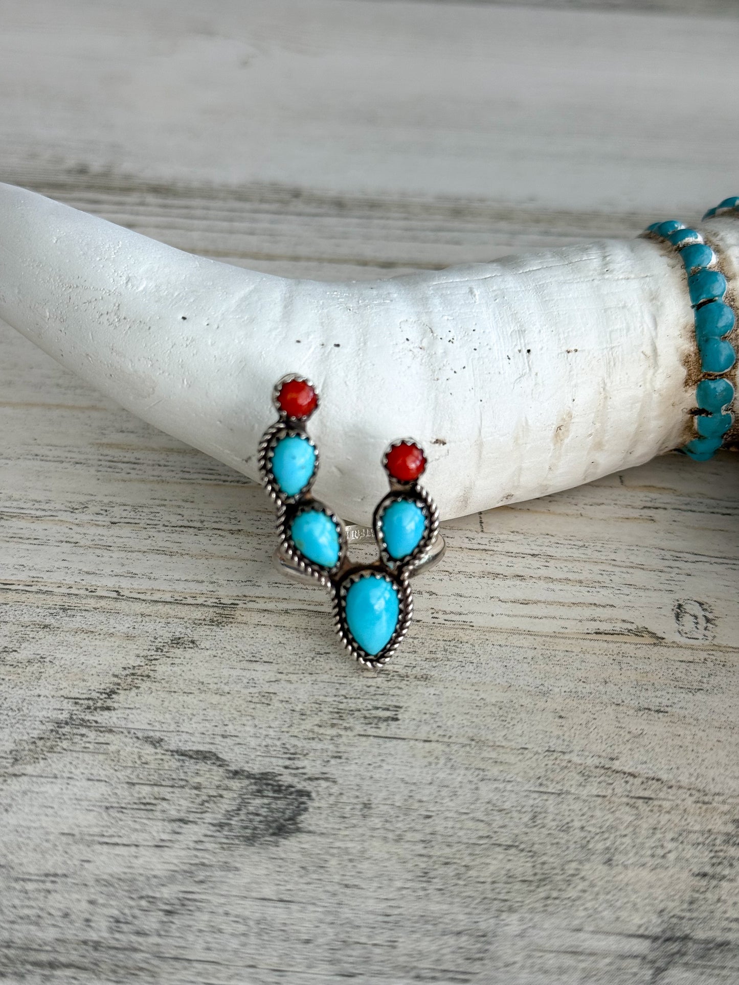 Native American Made Turquoise & Coral Cactus Ring 8