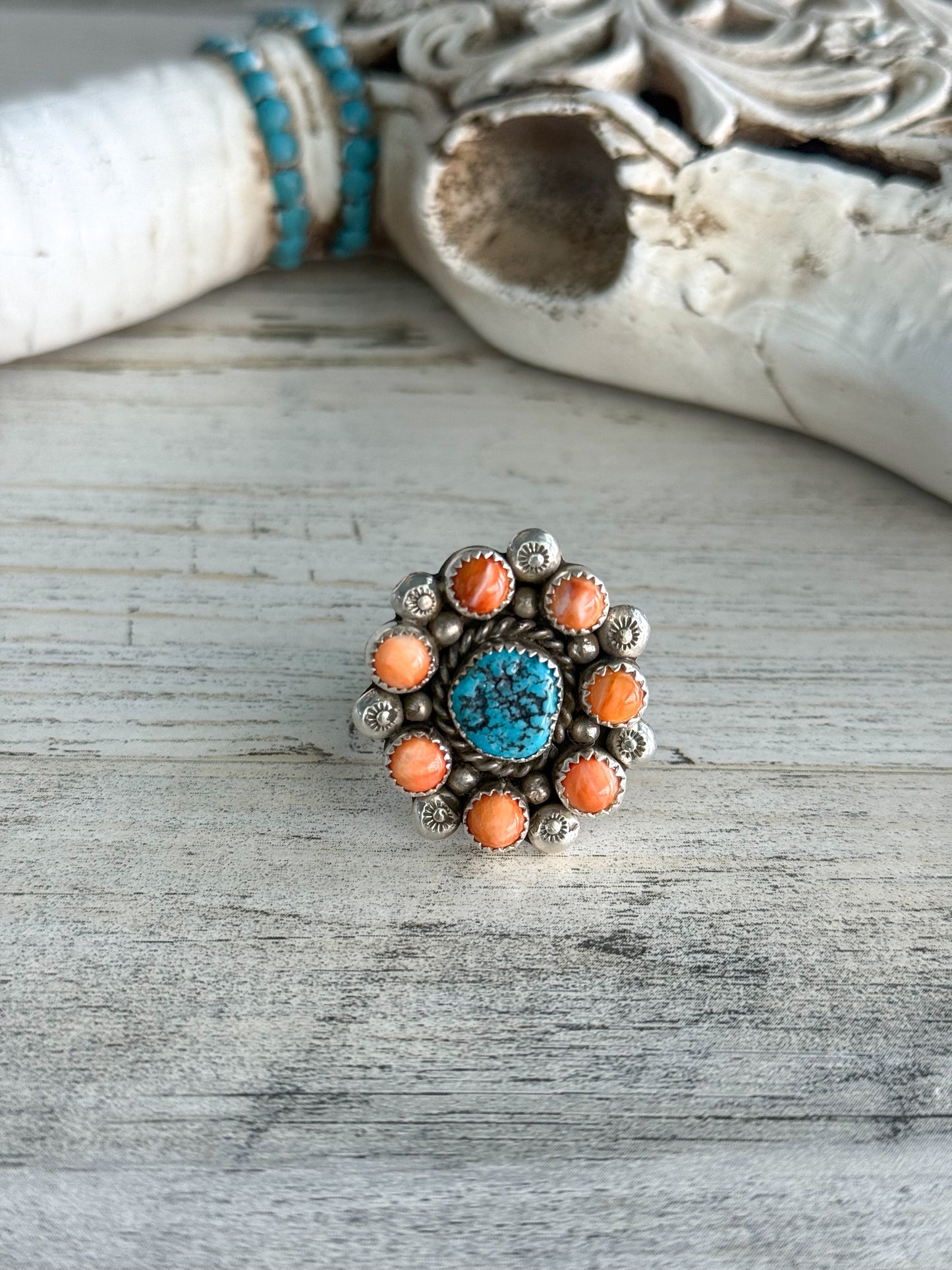 Native American Made Turquoise & Spiny Adjustable Ring