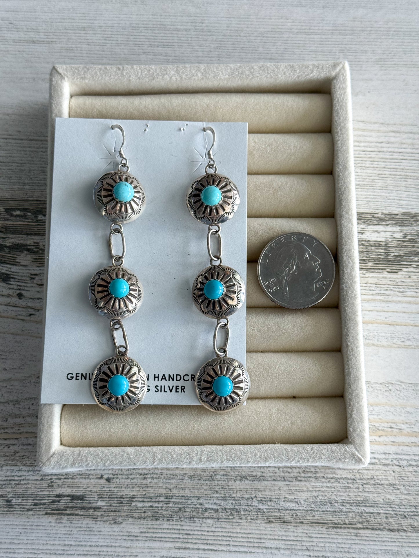 Native American 3 Turquoise Stone Concho Earrings