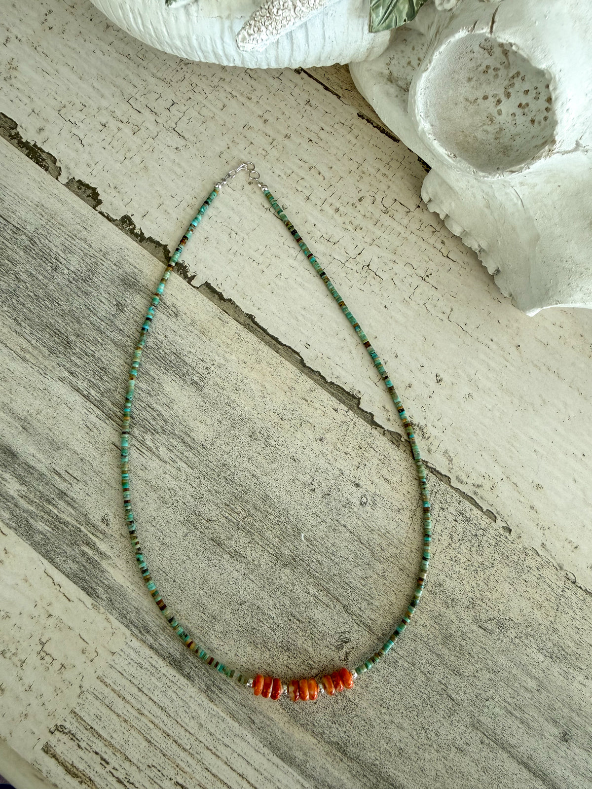 Native American Turquoise & Orange Spiny Necklace