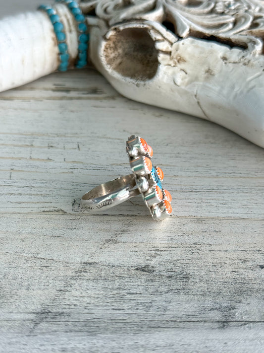 Native American Made Turquoise & Spiny Adjustable Ring