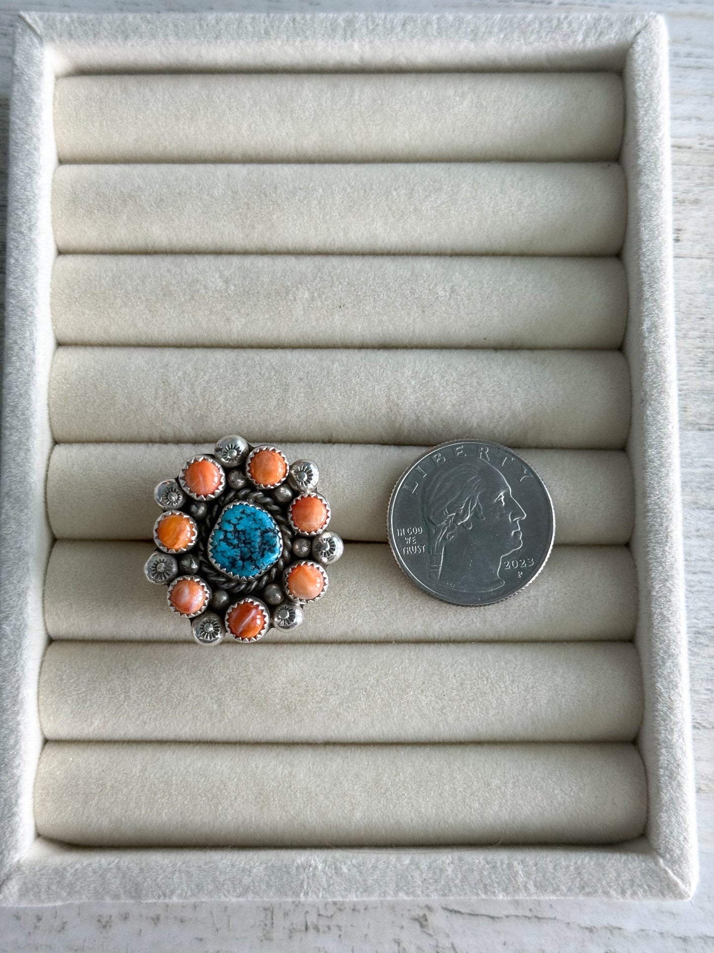 Native American Made Turquoise & Spiny Adjustable Ring