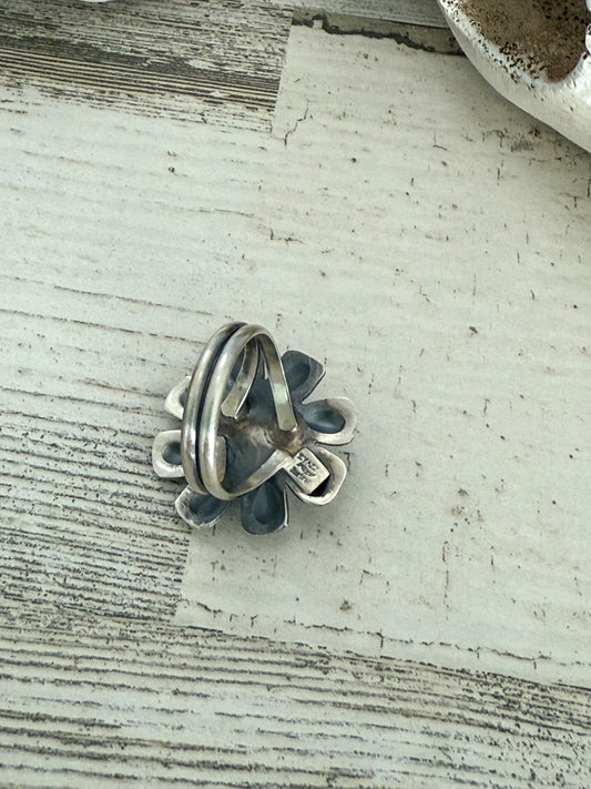 Native Made Turquoise Flower Ring Size 8