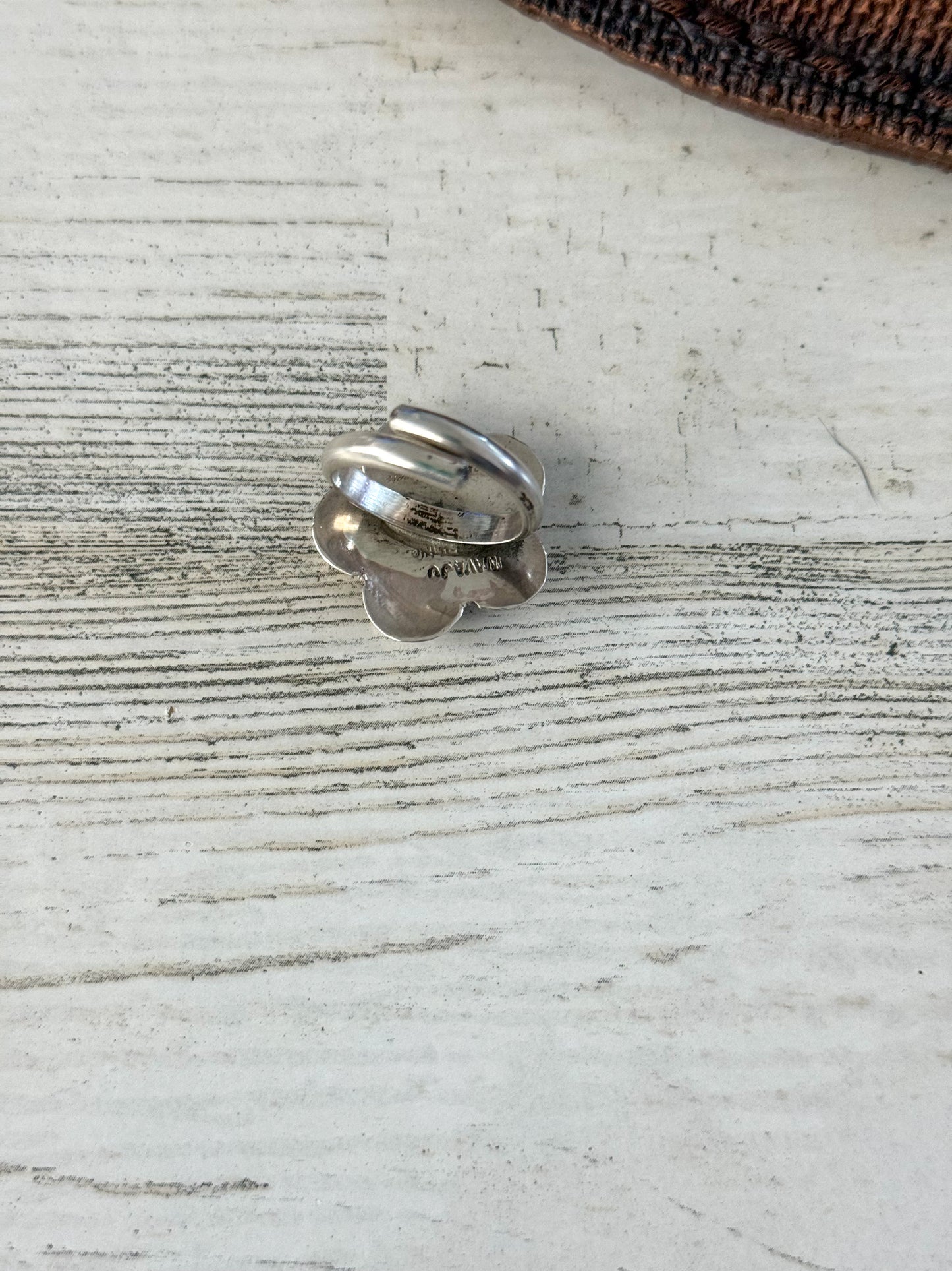 Native American Sterling Flower & Pink Conch Adjustable Ring