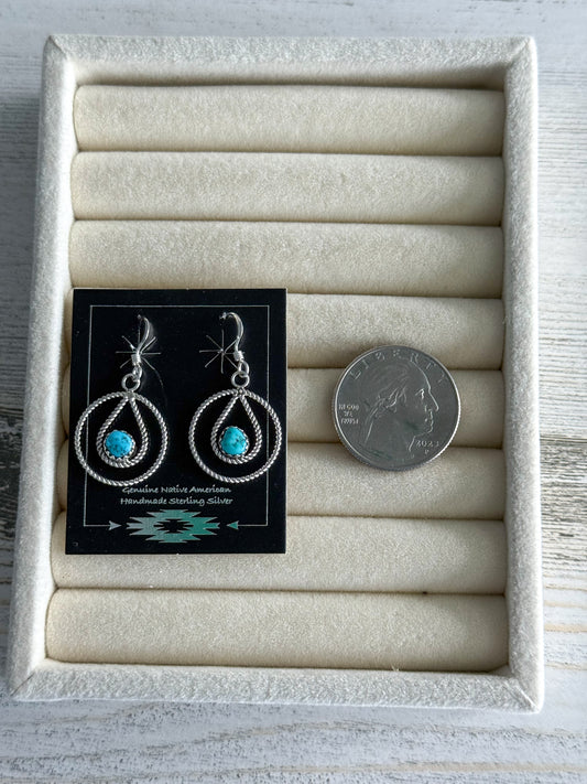 Native American Turquoise Circle Sterling Wire Earrings
