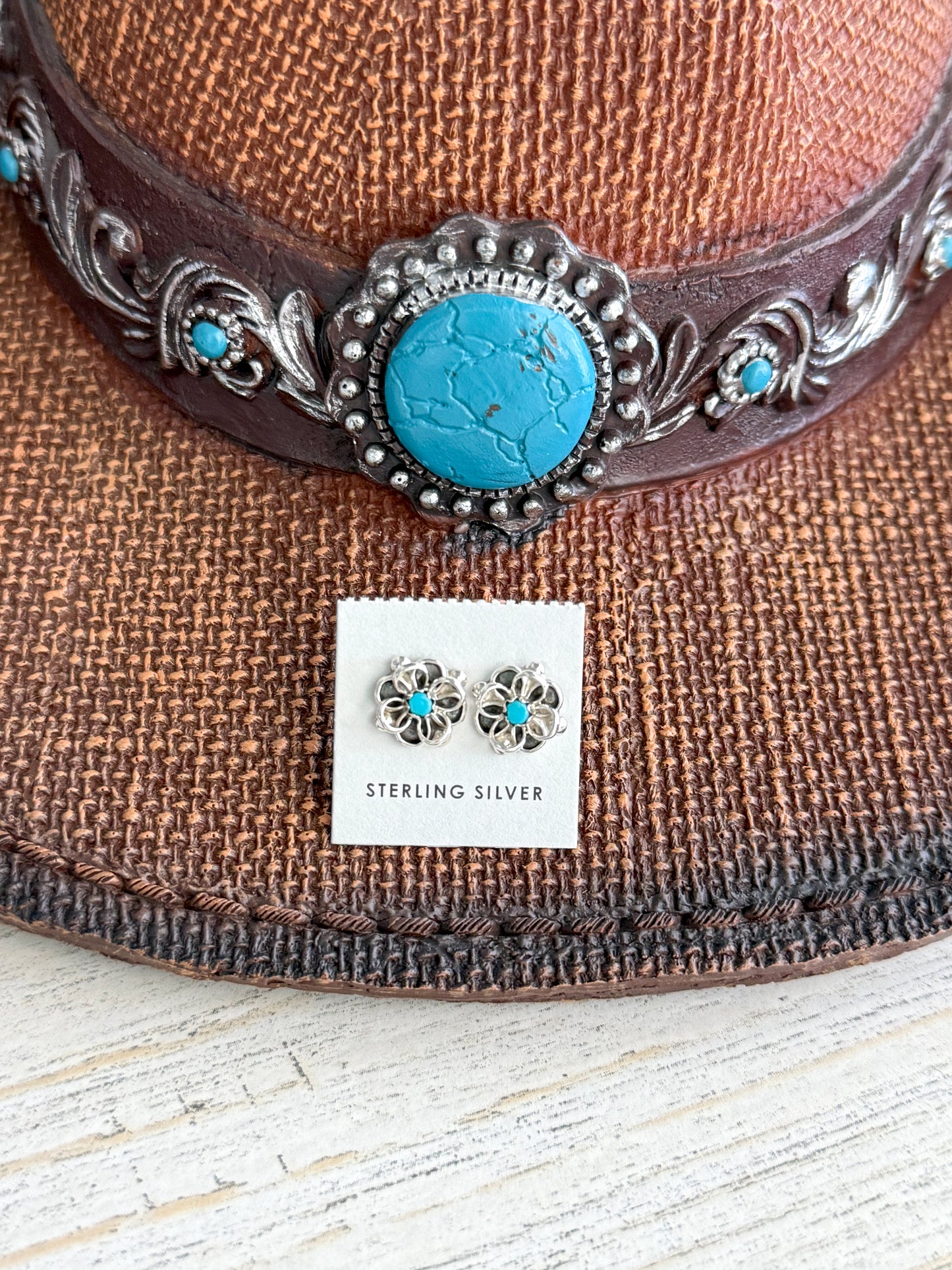Native American Sterling Flower Turquoise Studs