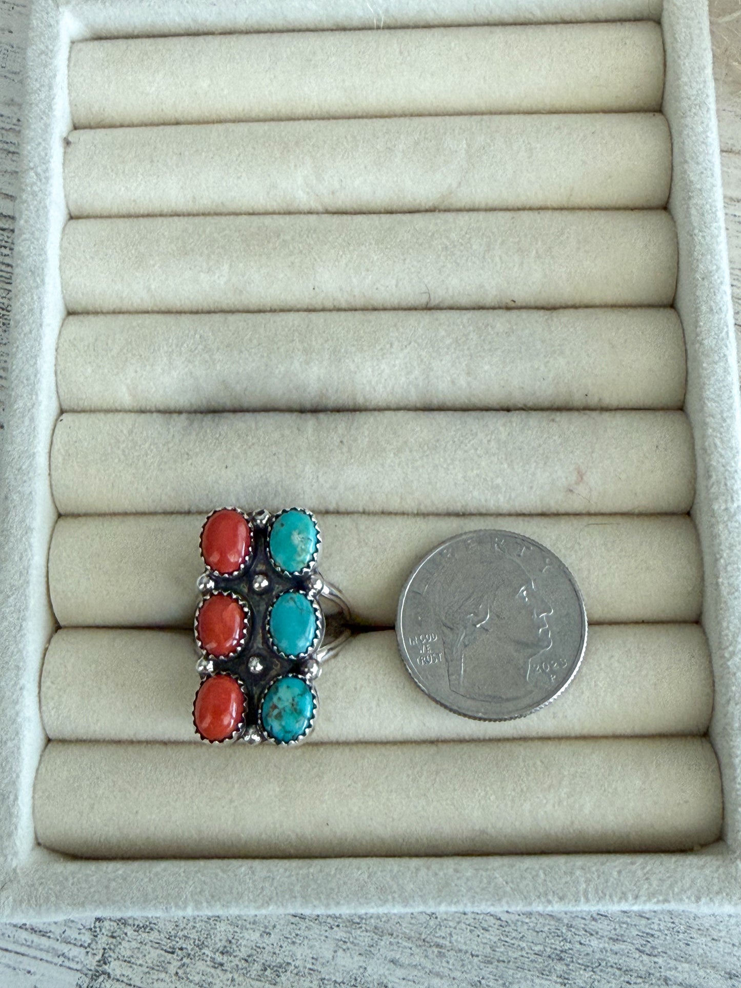 Native American Turquoise & Coral Ring 9