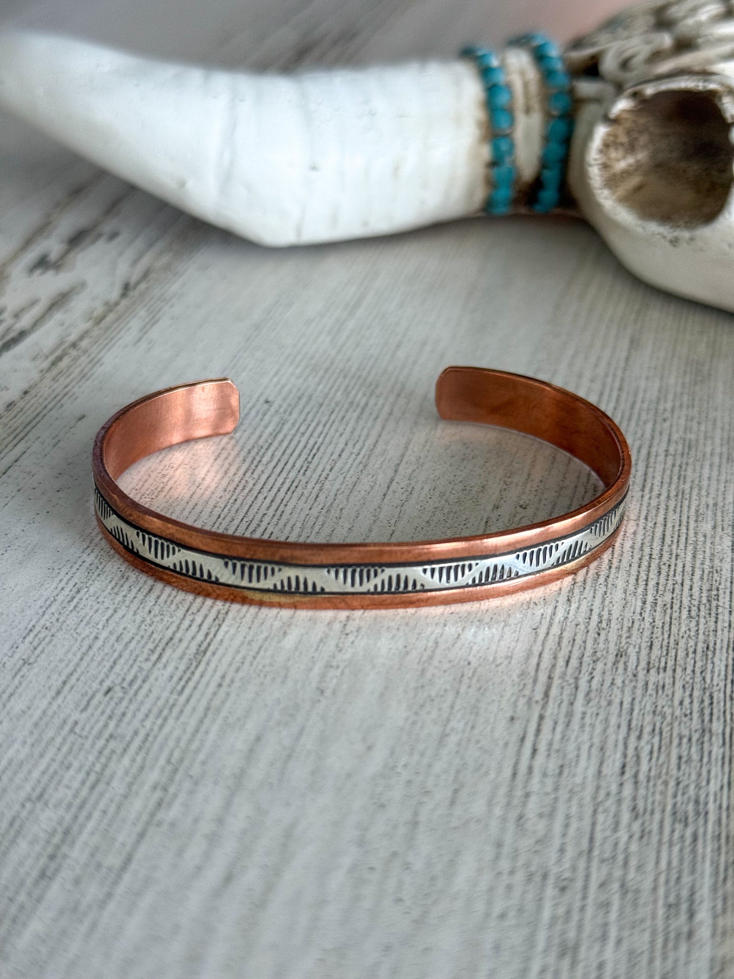 Native American Copper & Sterling Stamped Cuff 6.75"