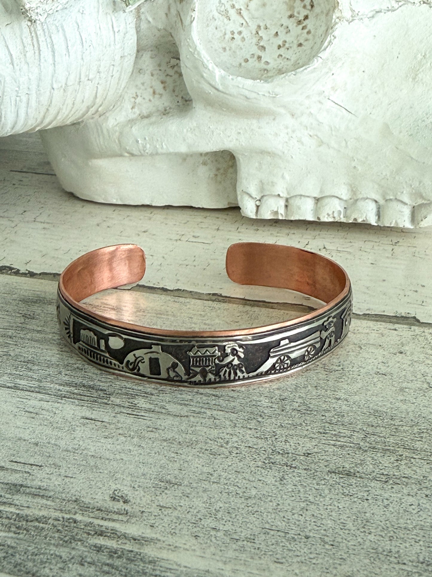 Native American Nickel Silver Copper Storyteller Cuff 7.75”