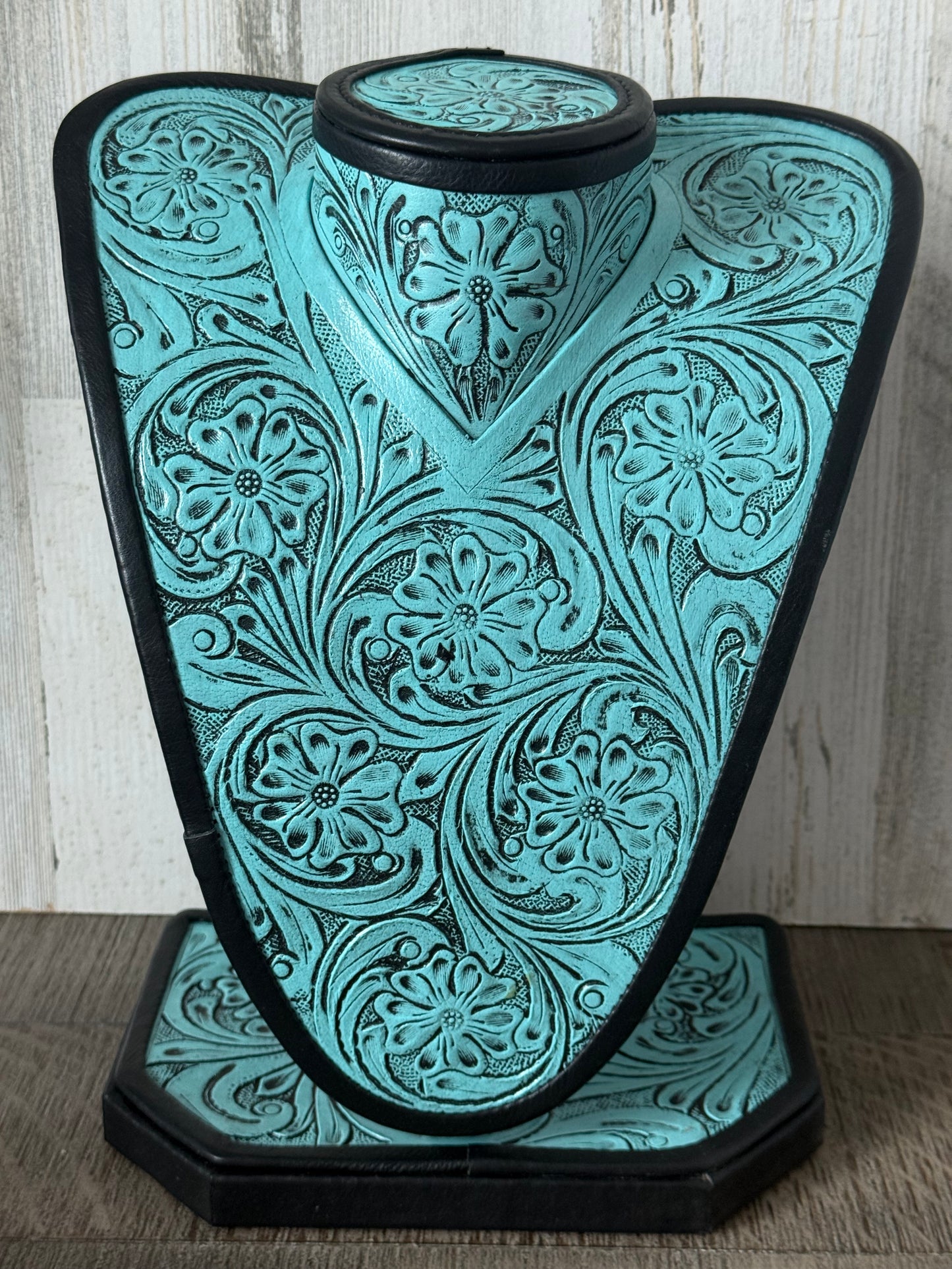 Turquoise Leather Tooled Necklace Display