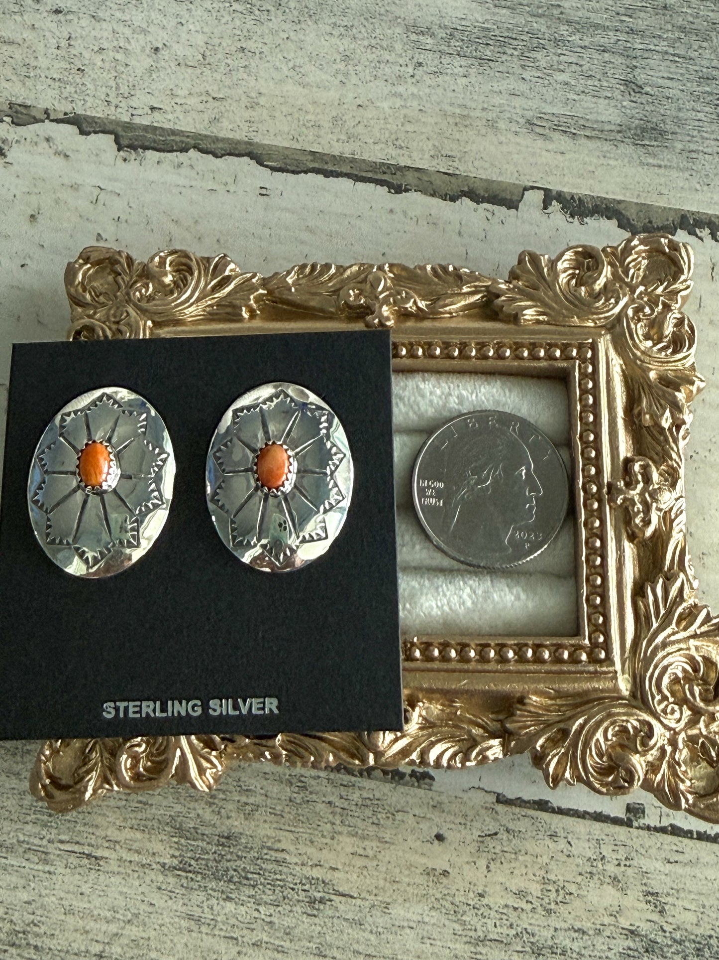 Native American Orange Spiny Concho Earrings