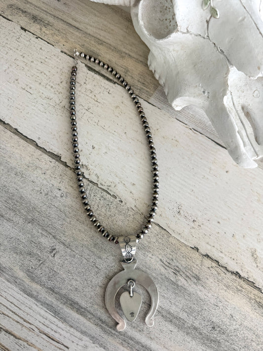 Native American Kingman Naja Pendant on 18" Sterling Pearl Necklace