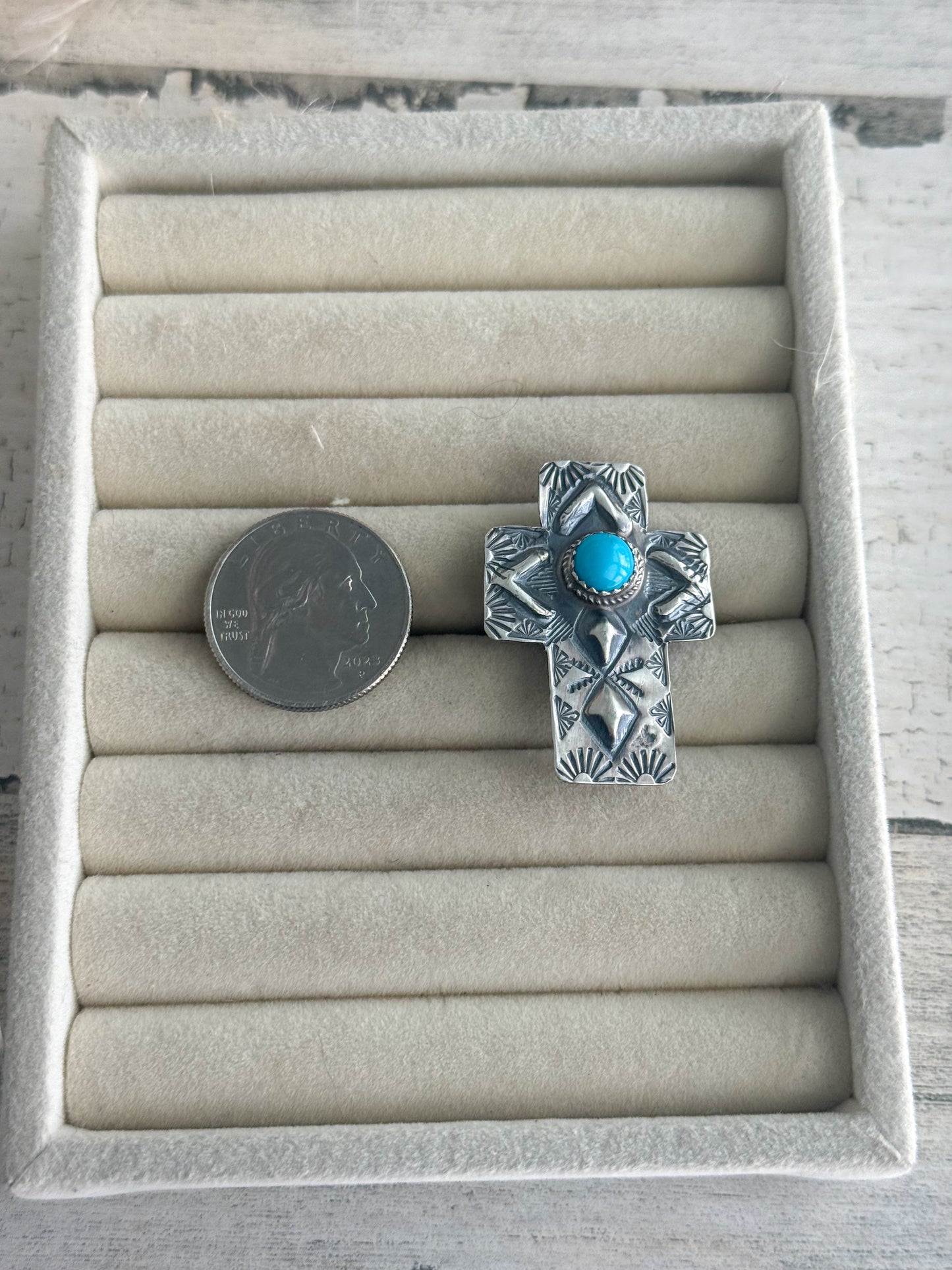 Native American Sterling Turquoise Cross Adjustable Ring