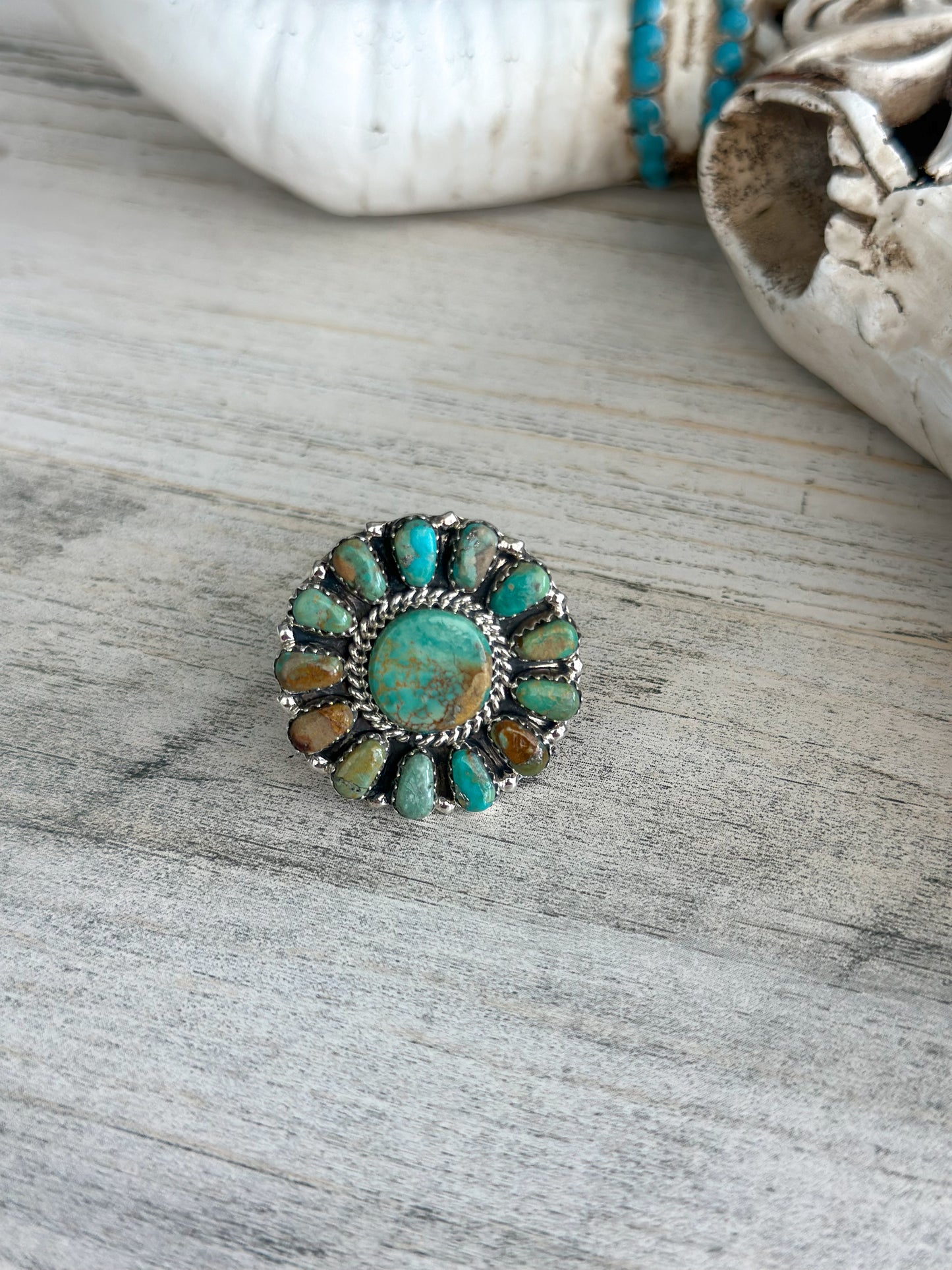 Native Made Turquoise Cluster Ring Adjustable