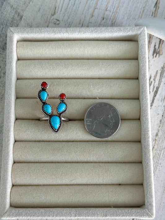 Native American Turquoise & Coral Cactus Ring 8.5