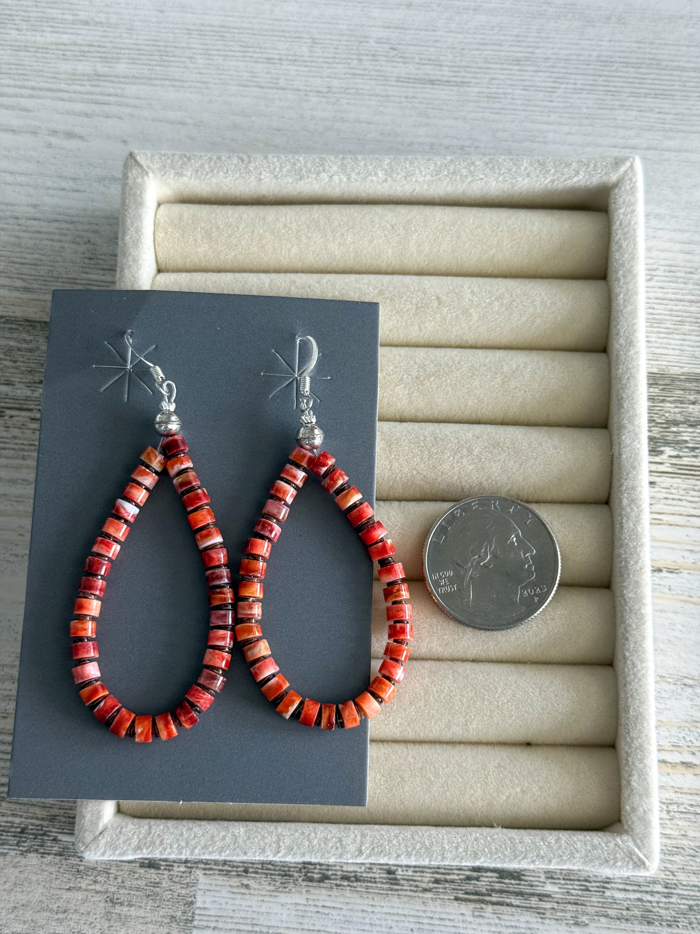 Native American Red Spiny Heishi Hoop Earrings