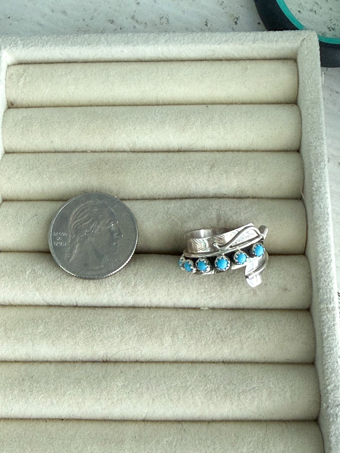 Native American Sterling Turquoise Adjustable Feather Ring