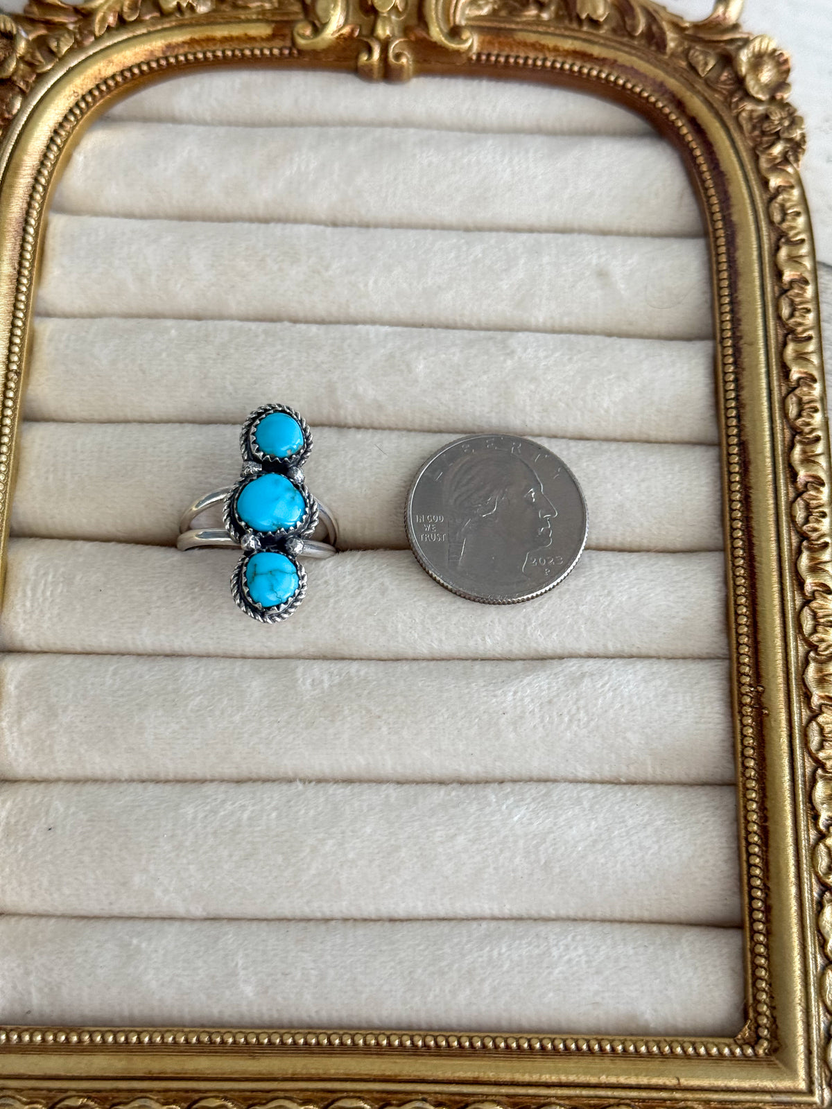 Native American 3 Turquoise Stone Ring 8.75