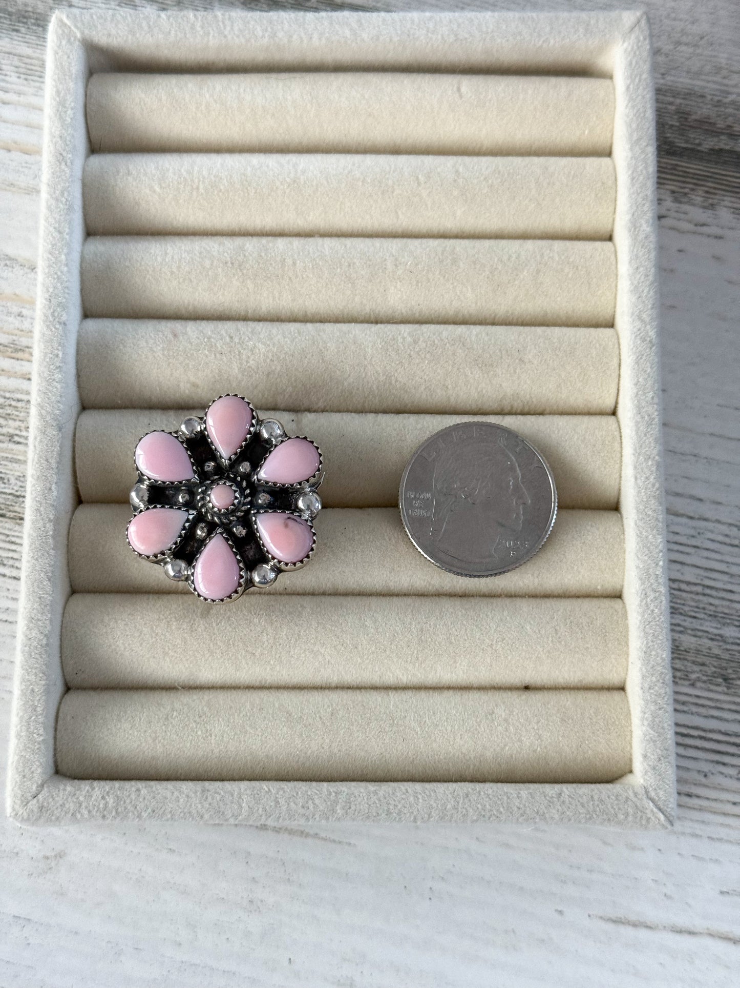 Native American Pink Conch Cluster Adjustable Ring