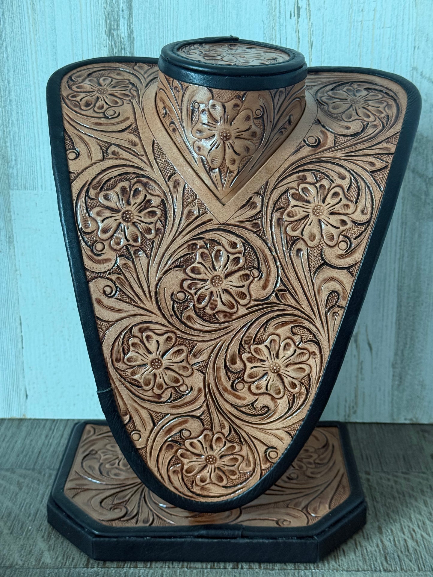Brown Leather Tooled Necklace Display