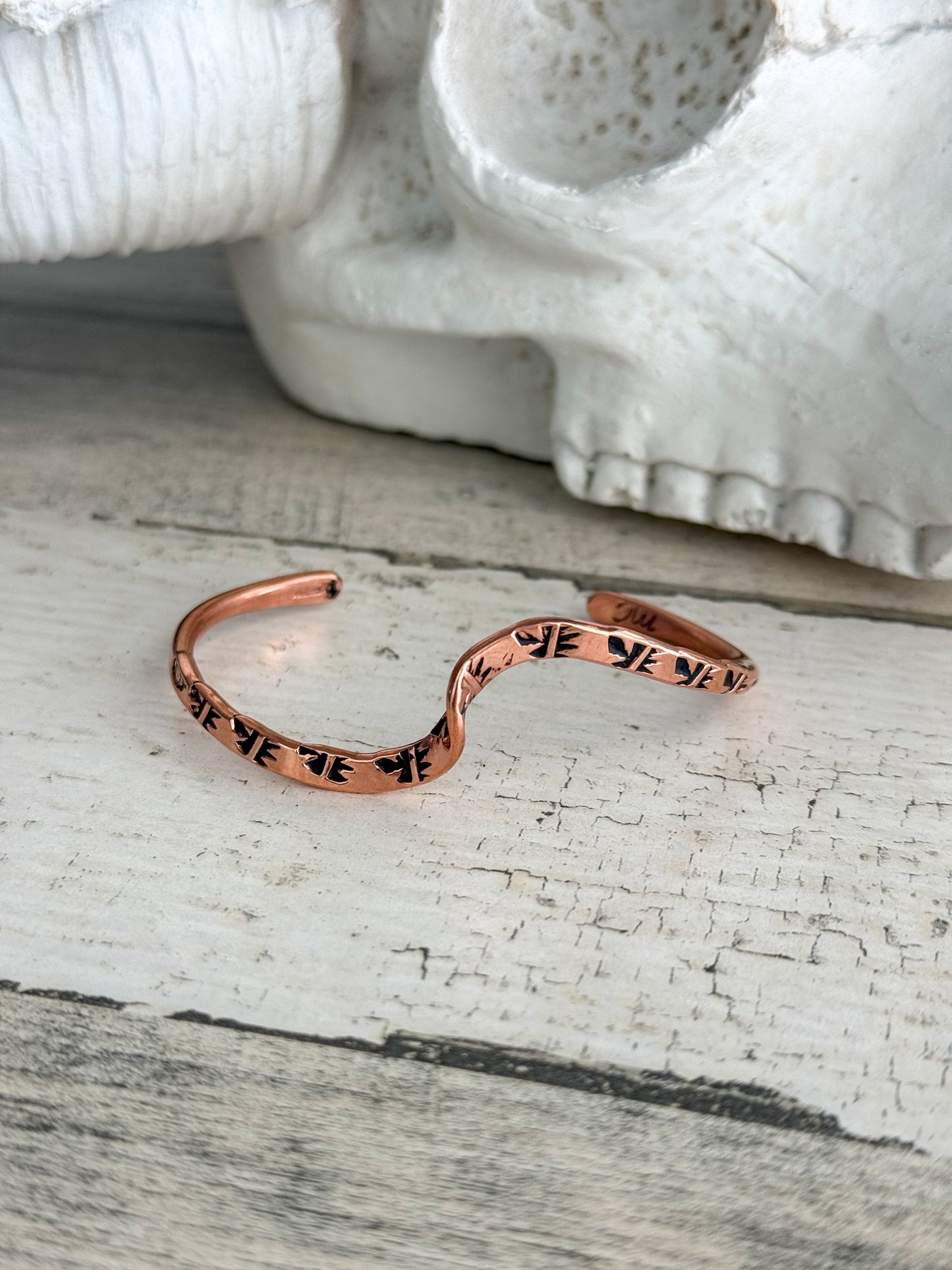 Native American Copper Stamped Wave Cuff 6.75”