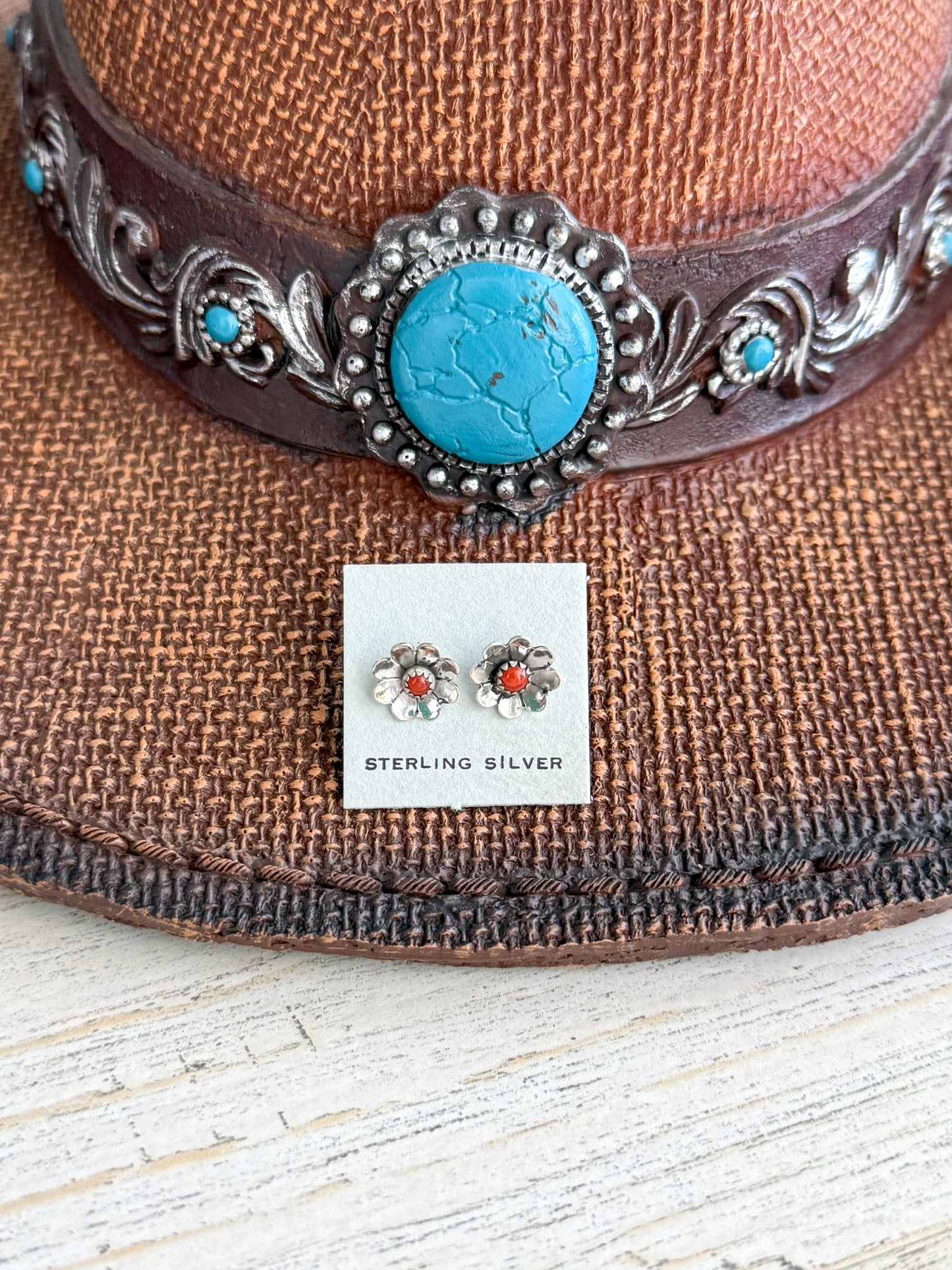 Native American Coral Dot Flower Studs