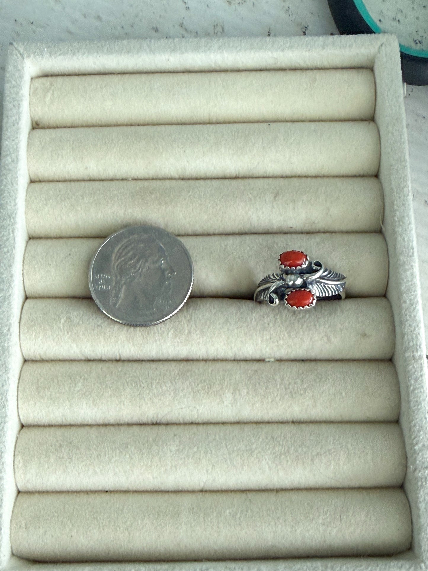 Native American Sterling Leaf Red Coral Ring 7.75
