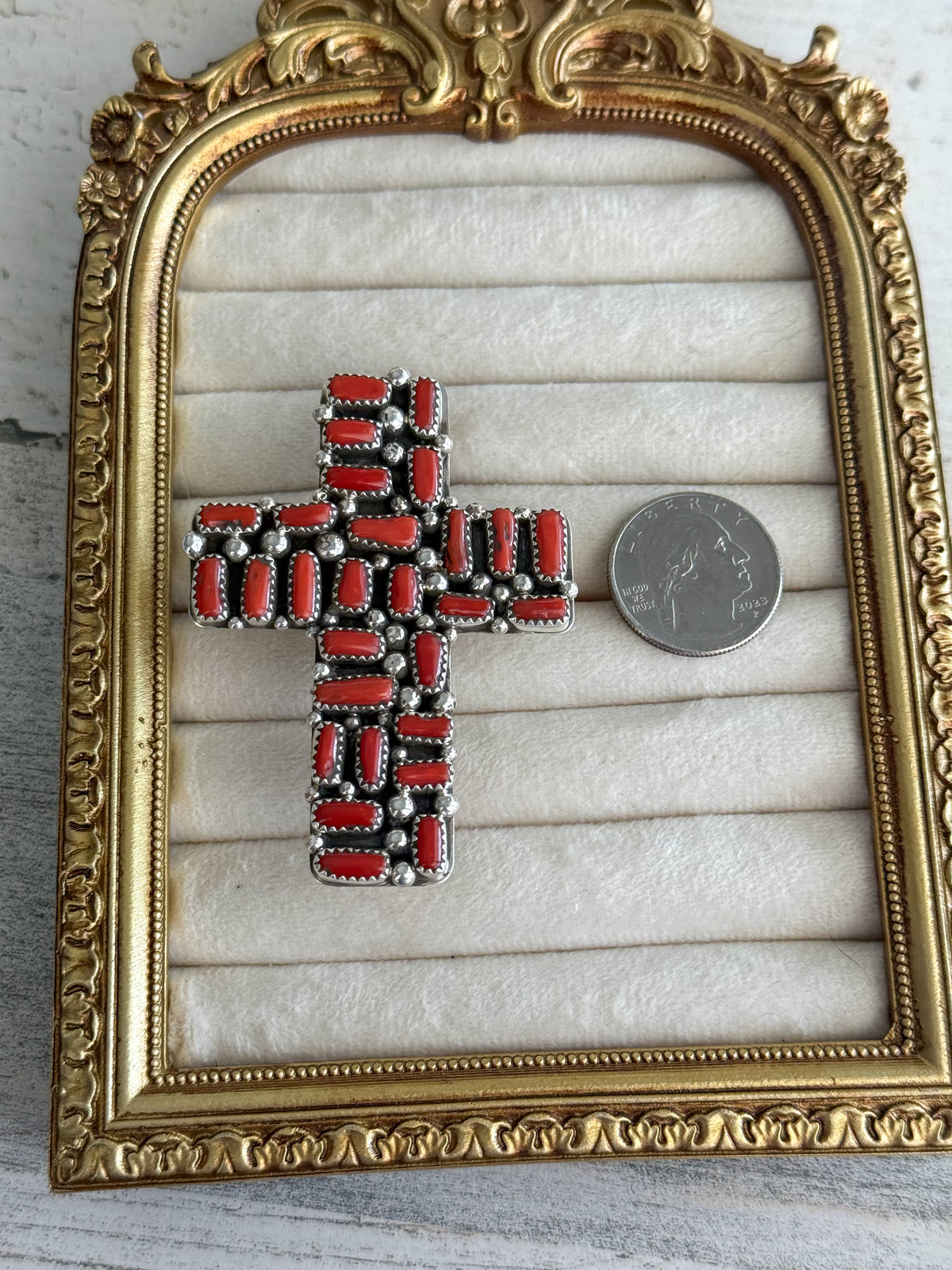 Native American Coral Cross Adjustable Ring
