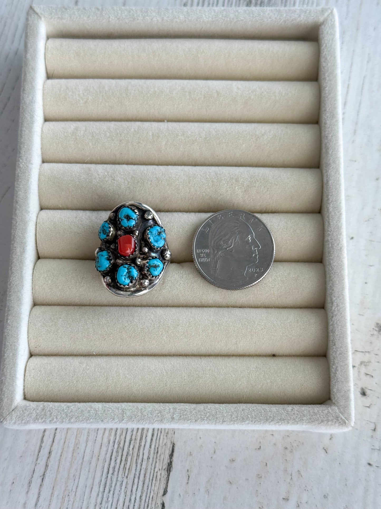 Native American Kingman & Coral Saddle Ring 8