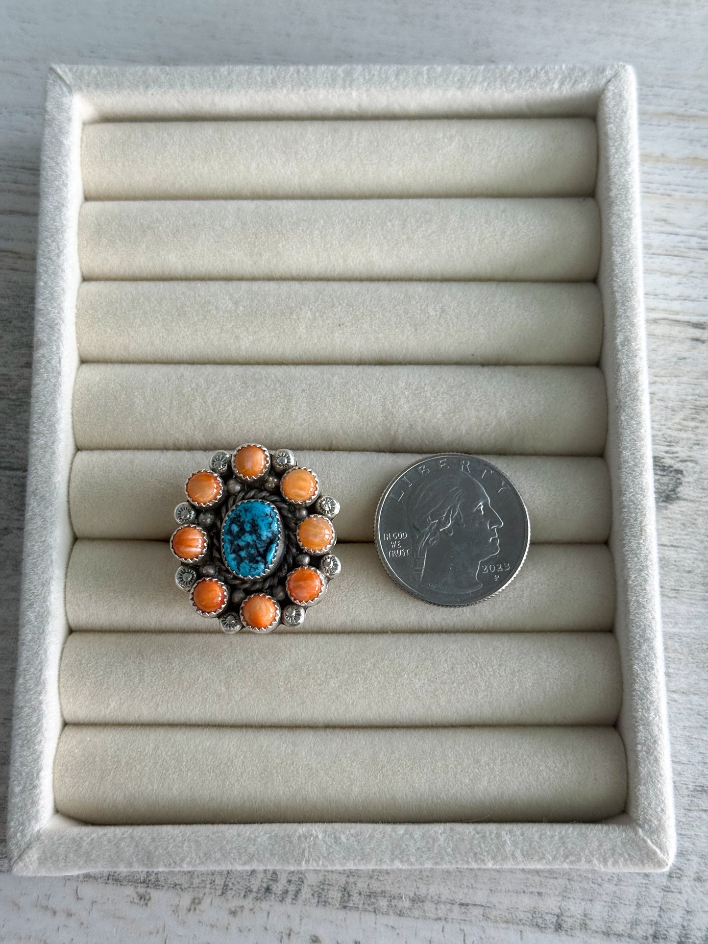 Native American Made Turquoise & Spiny Adjustable Ring