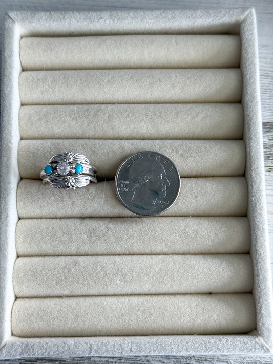 Native American 2 Piece Flower Turquoise & Zirconia Ring 7.5