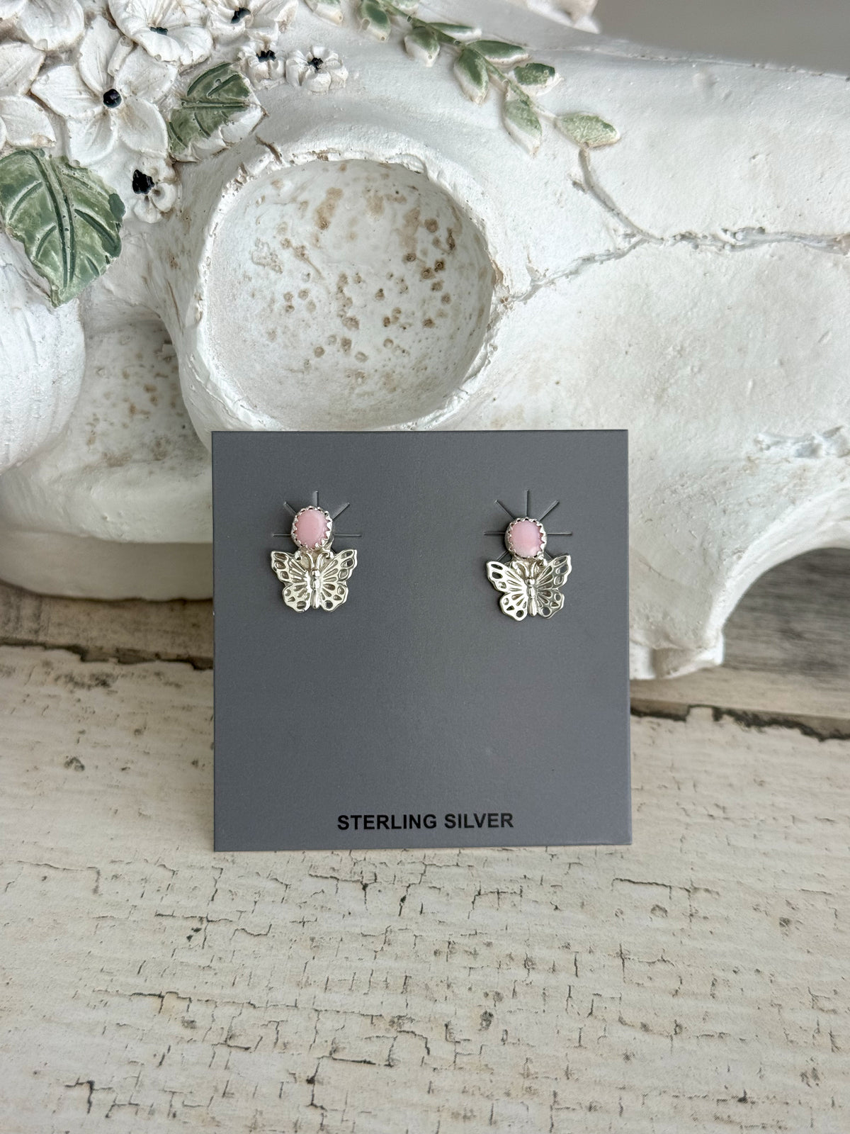 Native American Pink Conch Butterfly Stud Earrings