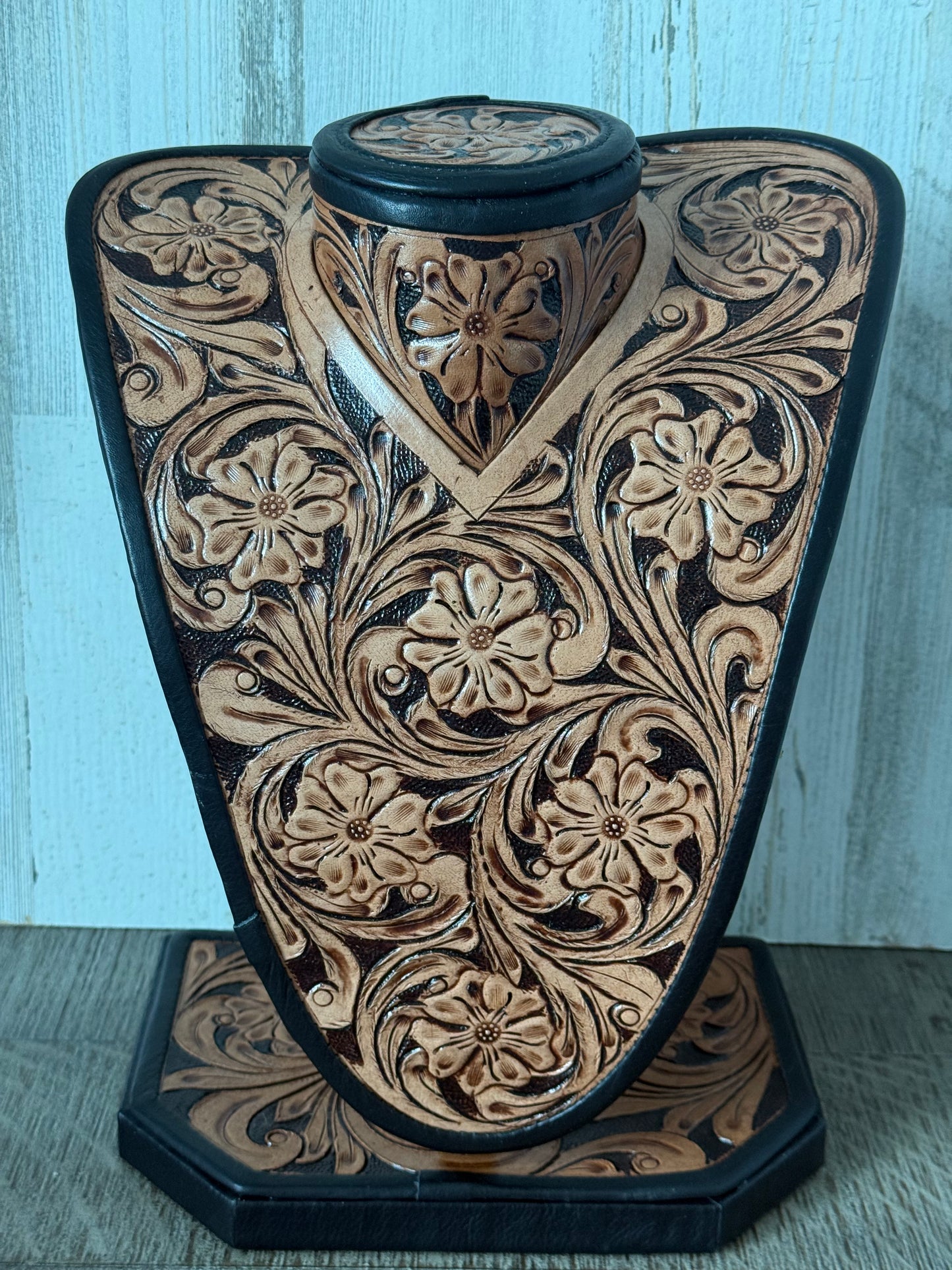 Brown Leather Tooled Necklace Display