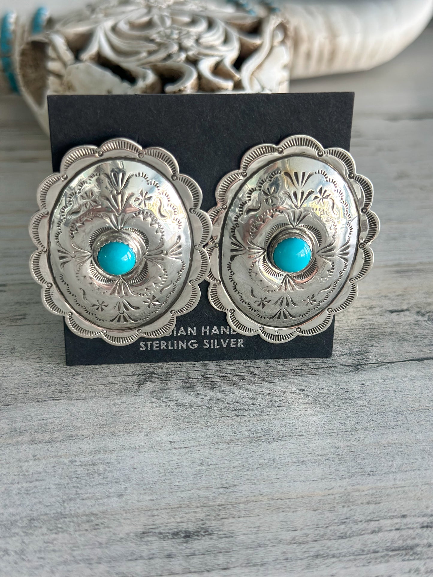 Native Made Sterling Sleeping Beauty Concho Earrings