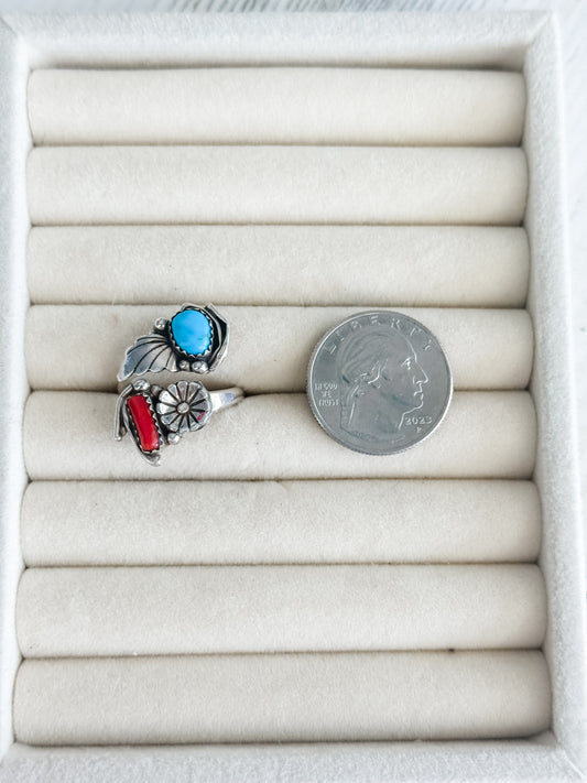 Native American Coral & Turquoise Adjustable Ring 8.5