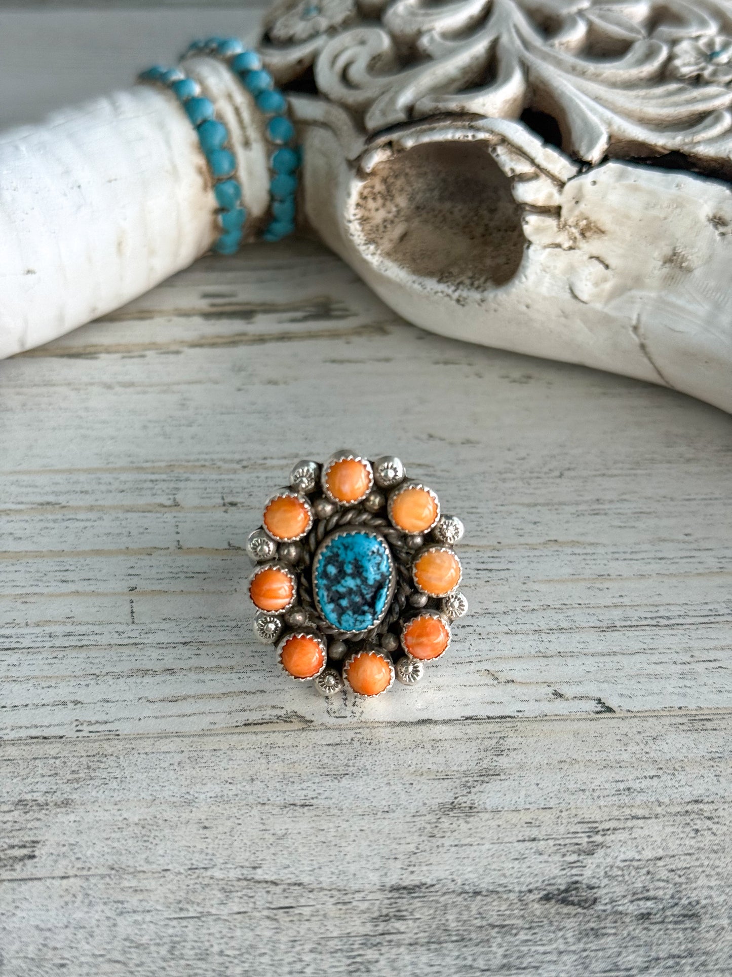 Native American Made Turquoise & Spiny Adjustable Ring