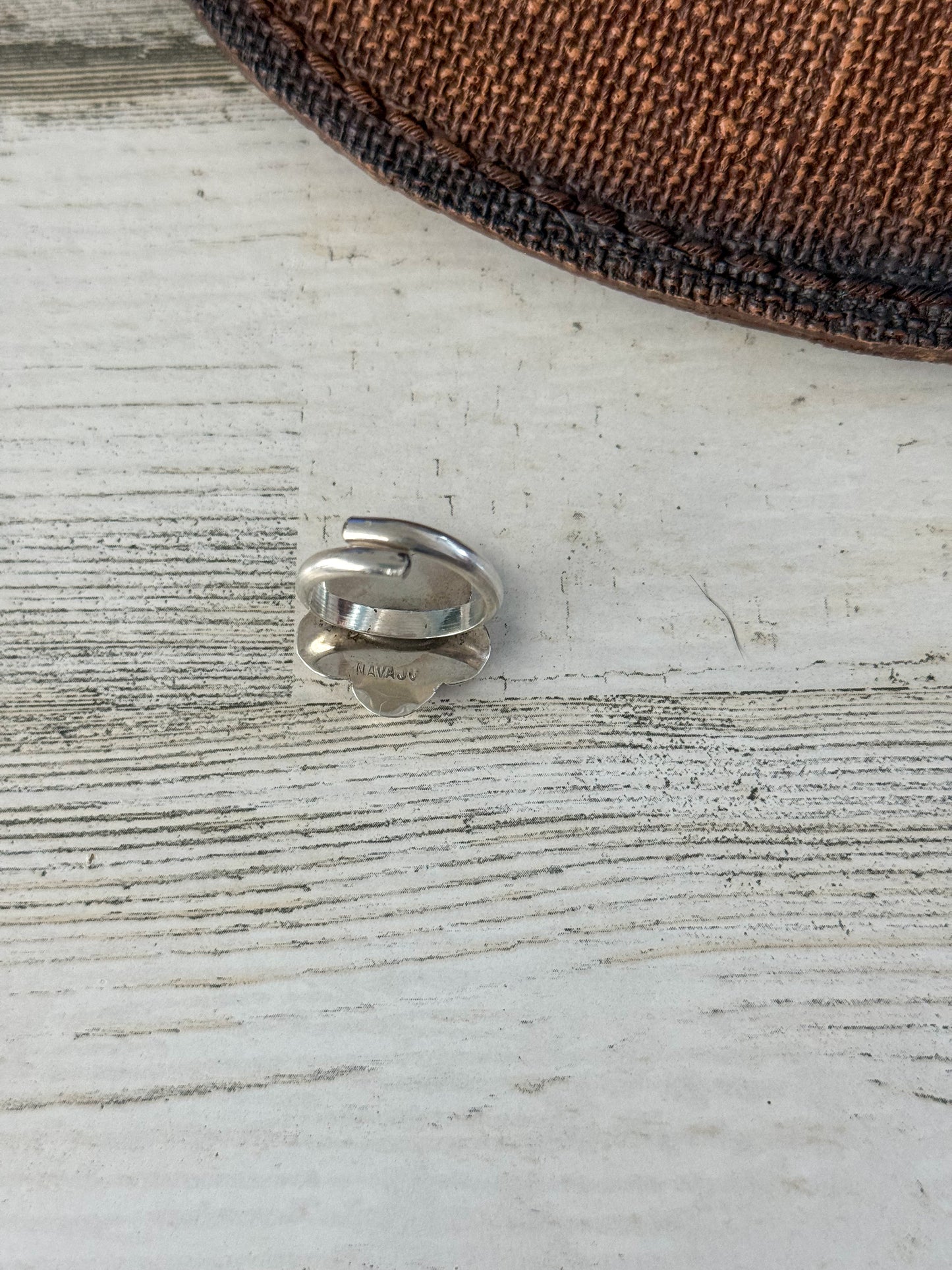 Native American Sterling Flower & Pink Conch Adjustable Ring