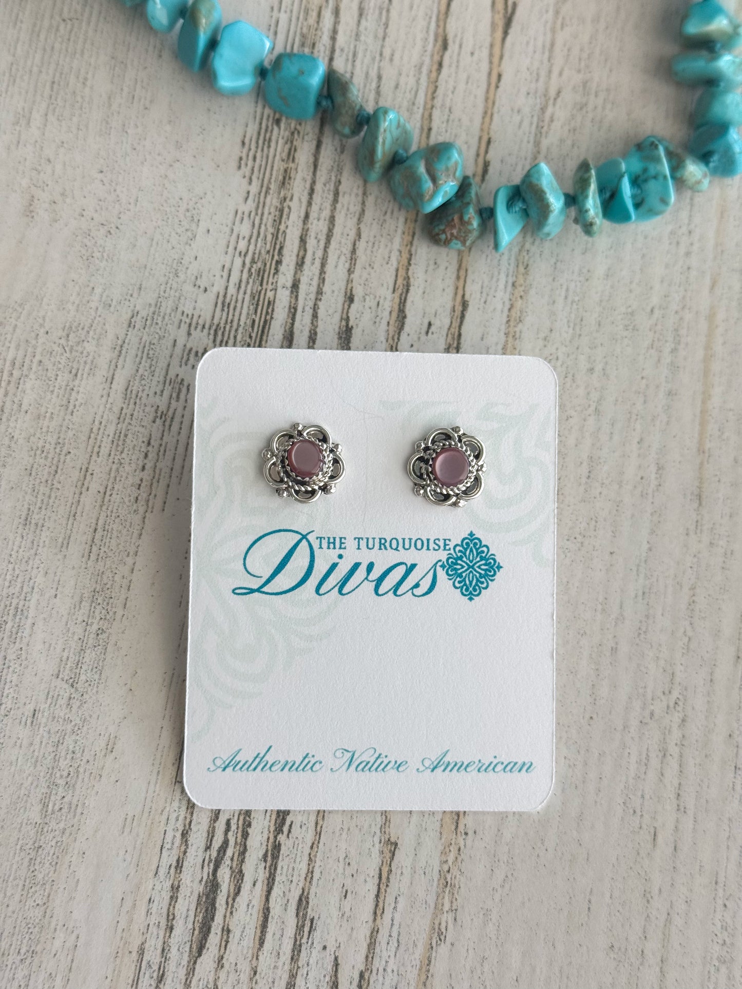 Native American Sterling Flower Pink Shell Studs