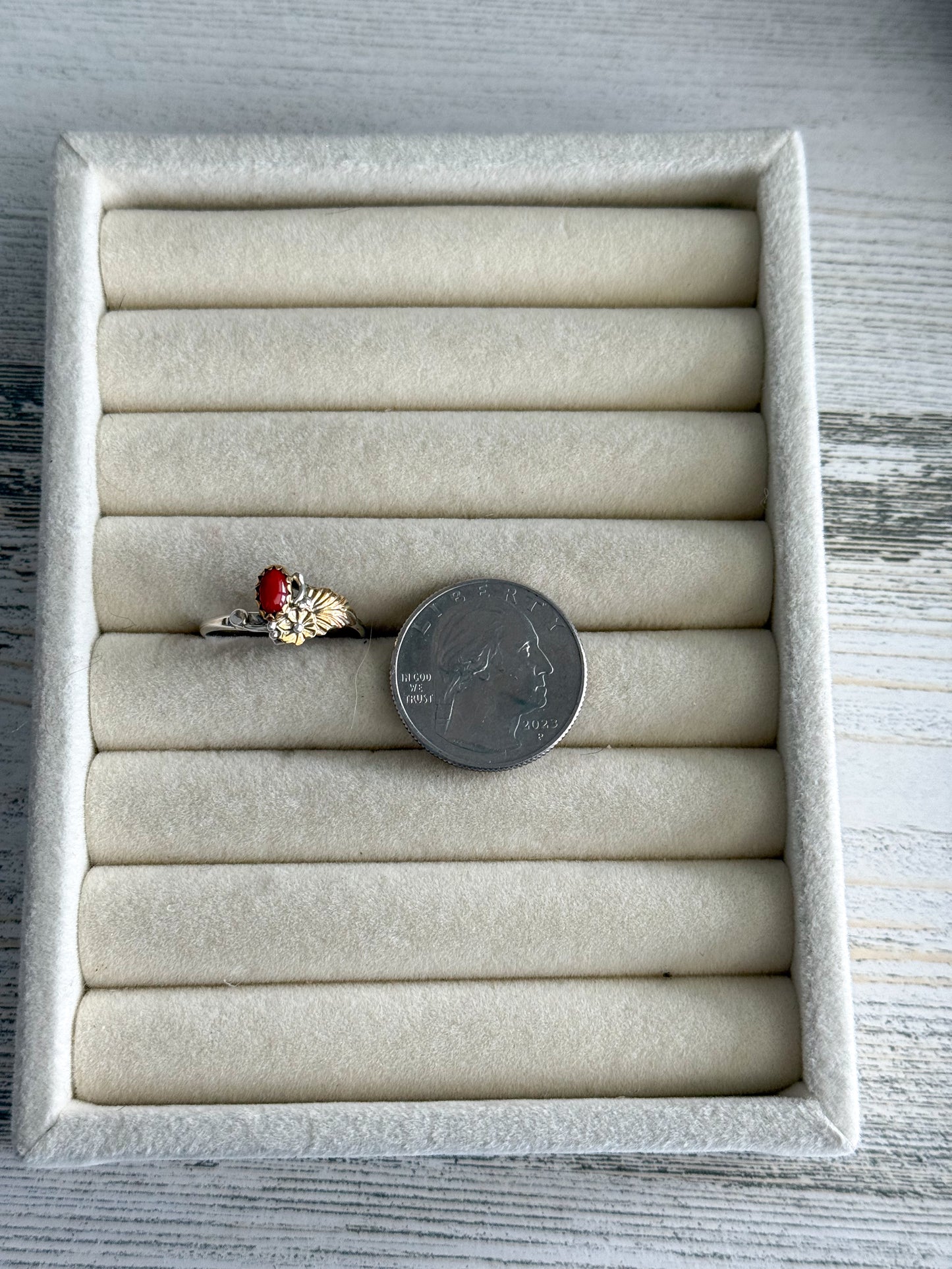 Native American Coral Sterling & Red Brass Ring 9