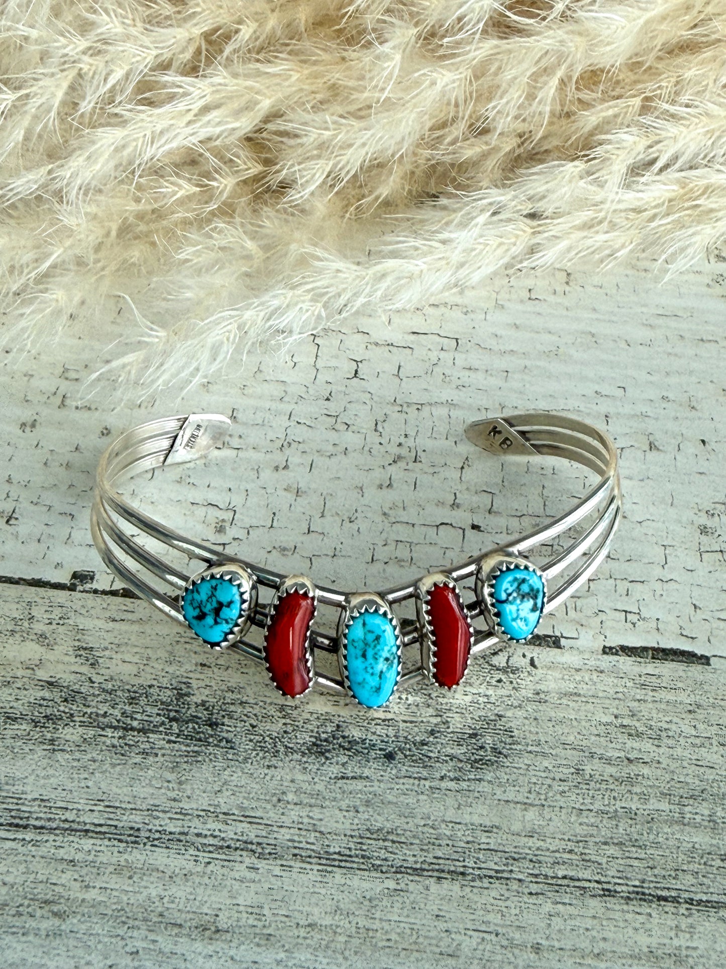 Native American Kingman & Coral V Cuff 6.25"