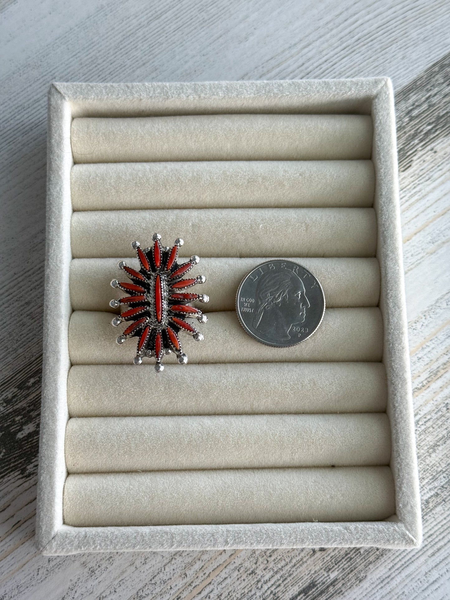 Native American Coral Needlepoint Cluster Ring 8.5