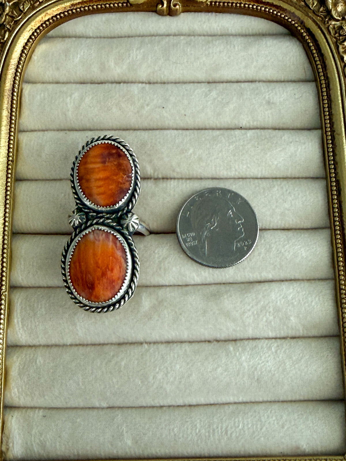 Native American 2 Orange Spiny Stone Adjustable Ring