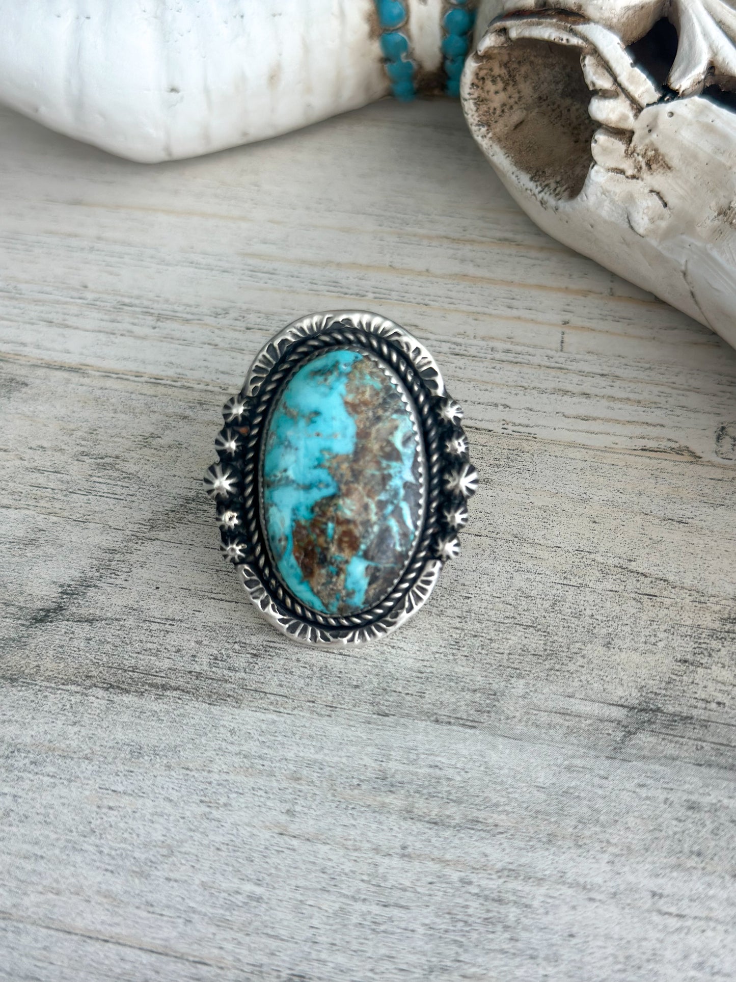Native Made Blue/Brown Sonoran Gold Ring Size 8.75