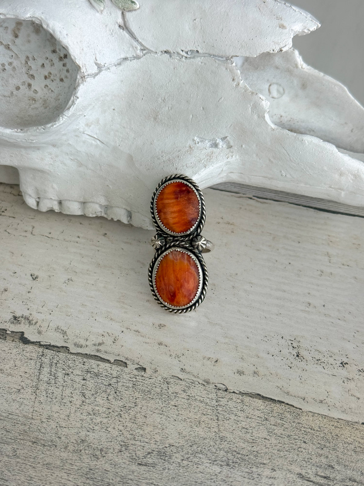 Native American 2 Orange Spiny Stone Adjustable Ring