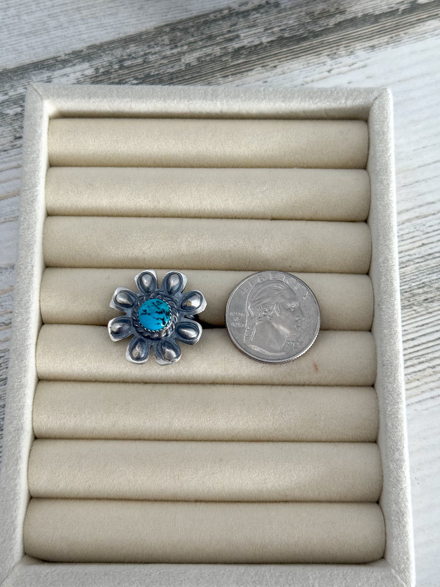 Native Made Turquoise Flower Ring Size 8