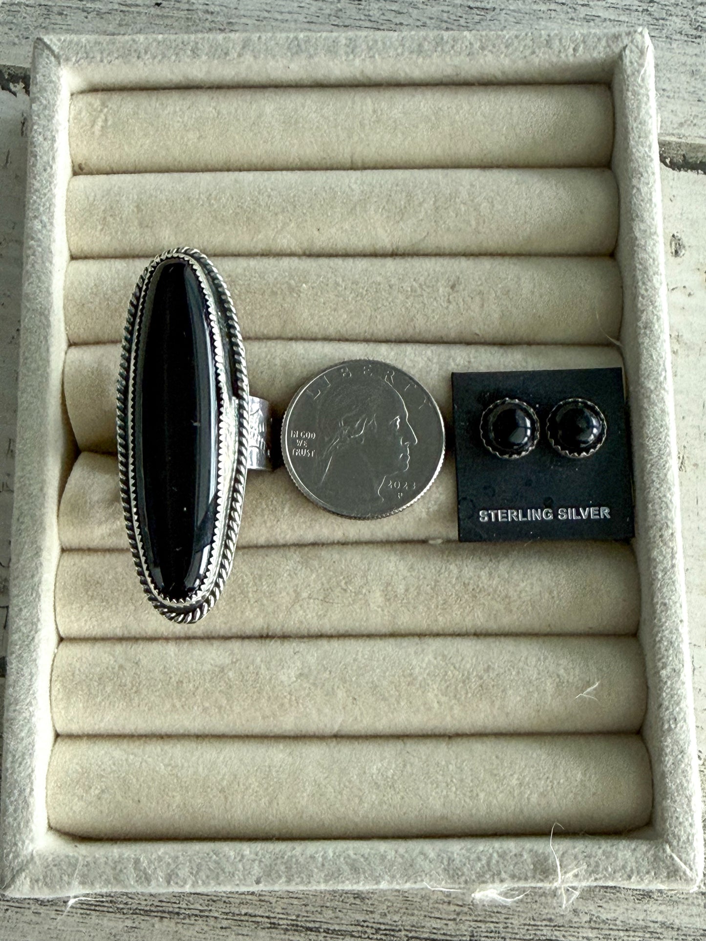 Native American Black Onyx Adjustable Ring & Earring Set