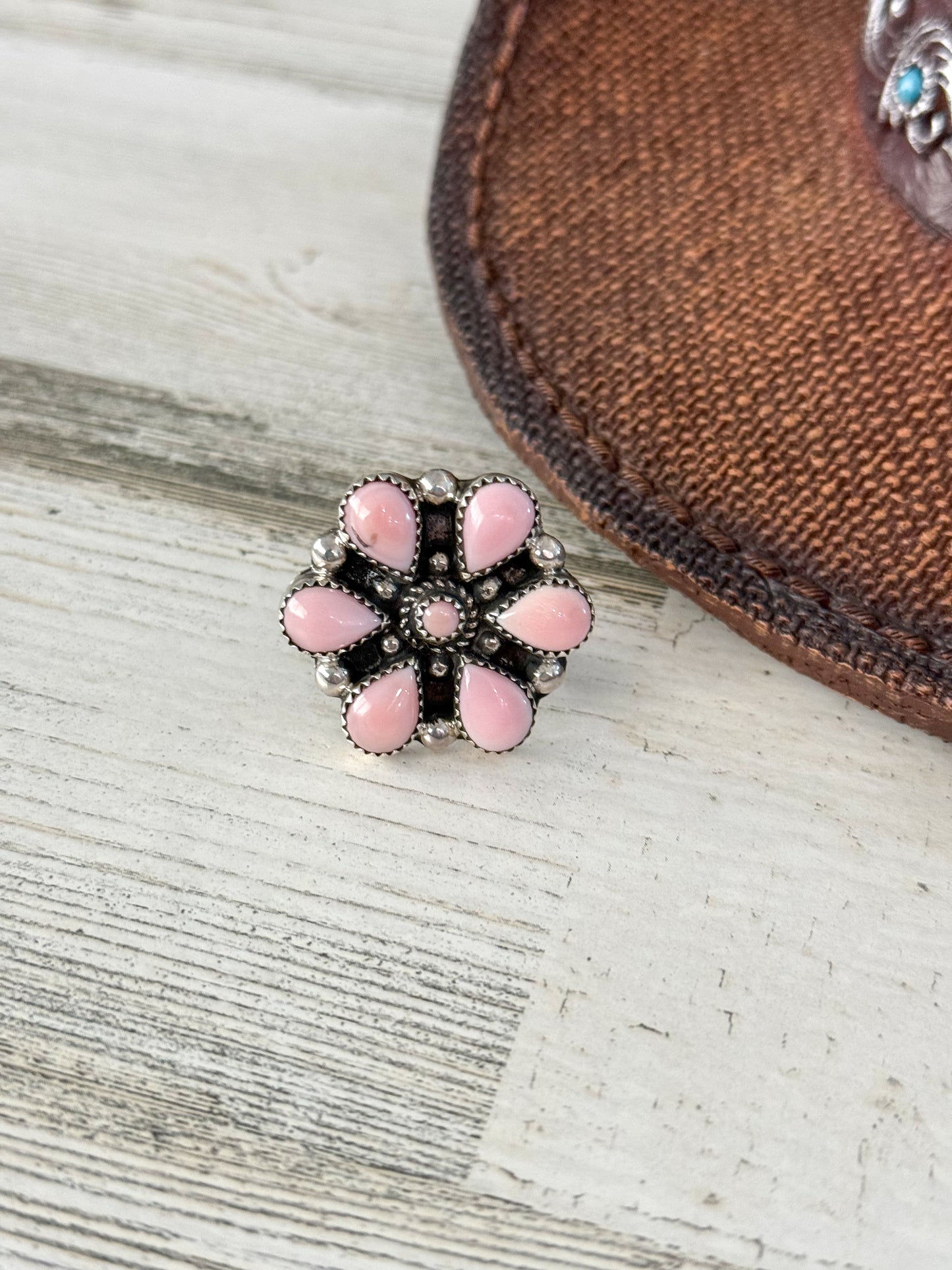 Native American Pink Conch Cluster Adjustable Ring
