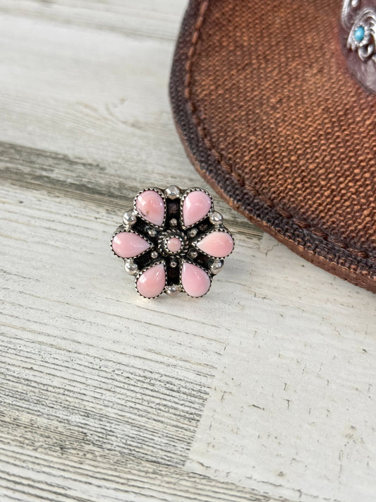 Native American Pink Conch Cluster Adjustable Ring