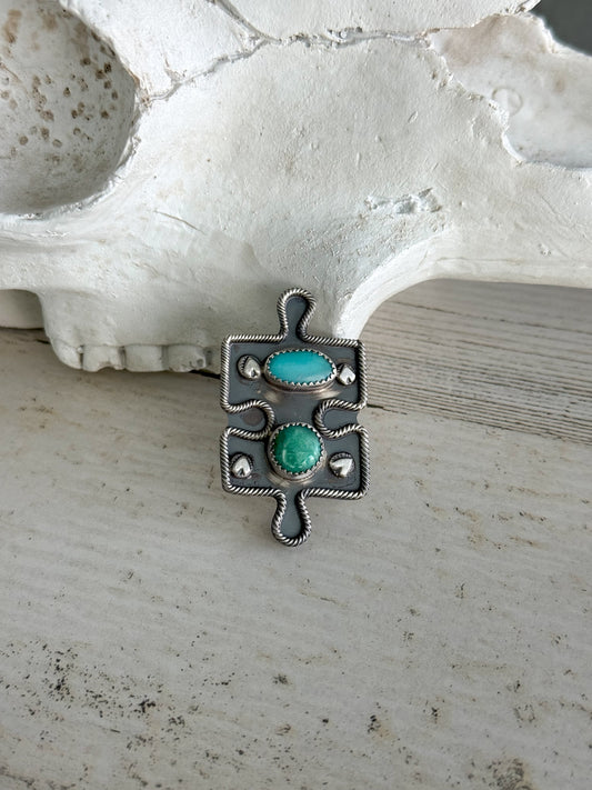 Native American Puzzle Piece Turquoise Ring 8.25